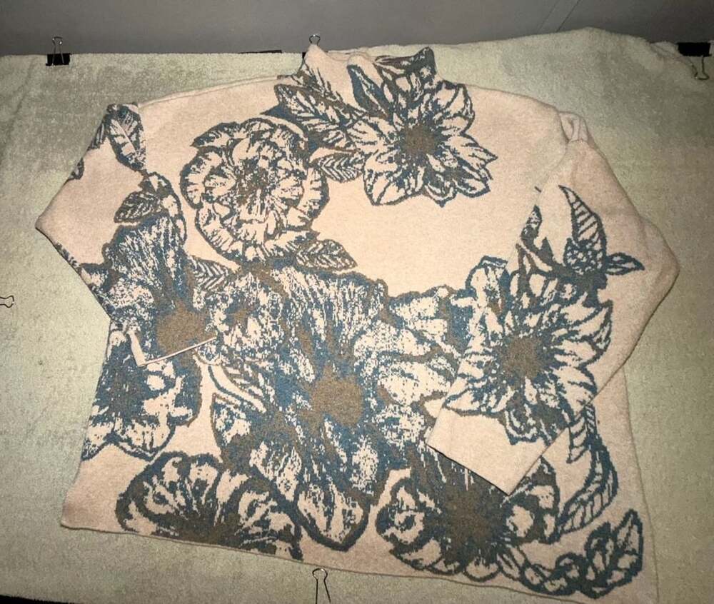 J.Jill Floral Jacquard Sweater Size XL Beige Blue Mock Neck
